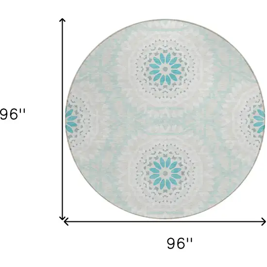 8' Teal Blue Beige And Ivory Round Floral Medallion Washable Indoor Outdoor Area Rug Photo 3