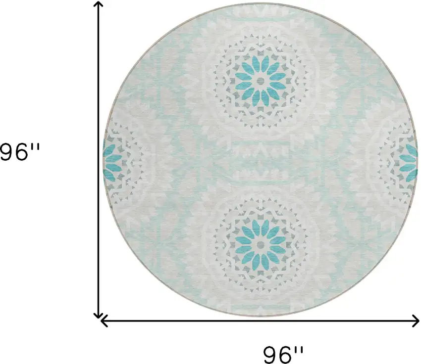 8' Teal Blue Beige And Ivory Round Floral Medallion Washable Indoor Outdoor Area Rug Photo 3