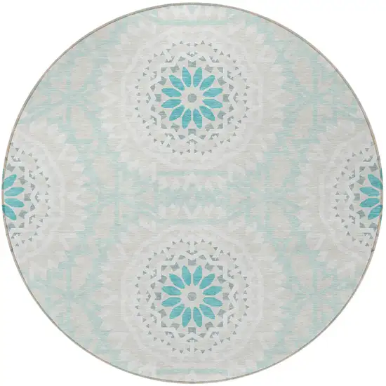 8' Teal Blue Beige And Ivory Round Floral Medallion Washable Indoor Outdoor Area Rug Photo 5