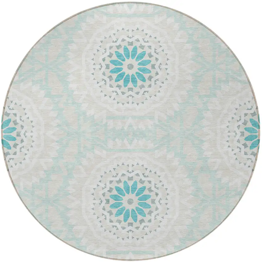 8' Teal Blue Beige And Ivory Round Floral Medallion Washable Indoor Outdoor Area Rug Photo 5