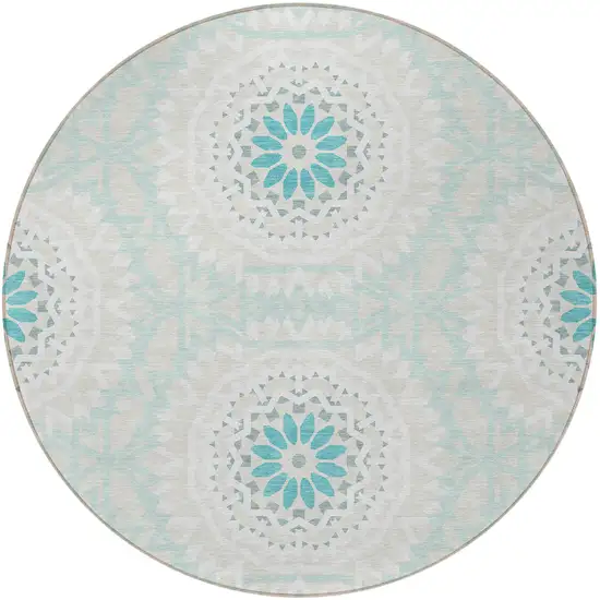 8' Teal Blue Beige And Ivory Round Floral Medallion Washable Indoor Outdoor Area Rug Photo 5