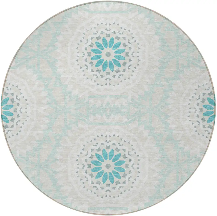 8' Teal Blue Beige And Ivory Round Floral Medallion Washable Indoor Outdoor Area Rug Photo 5
