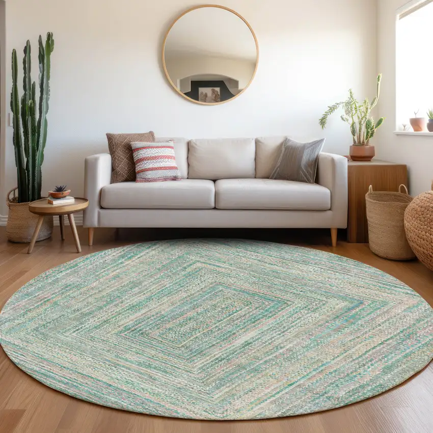 8' Teal Blue Beige And Ivory Round Geometric Washable Indoor Outdoor Area Rug Photo 6