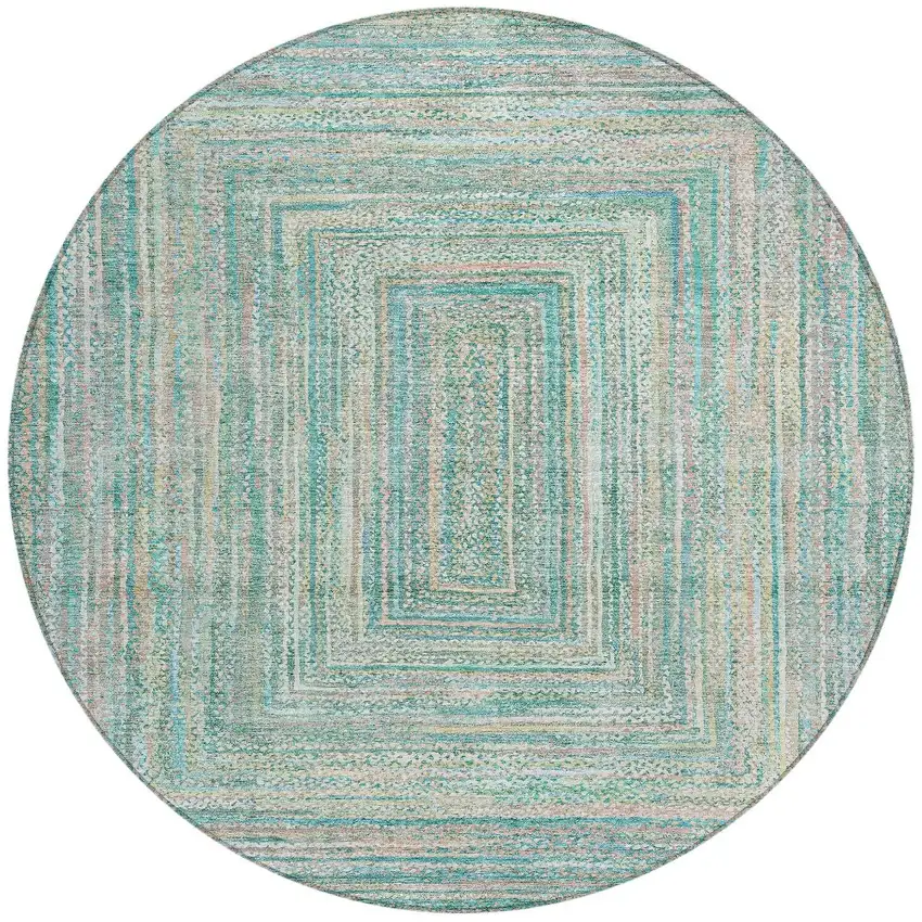 8' Teal Blue Beige And Ivory Round Geometric Washable Indoor Outdoor Area Rug Photo 3