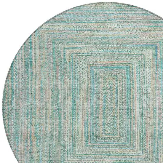 8' Teal Blue Beige And Ivory Round Geometric Washable Indoor Outdoor Area Rug Photo 8