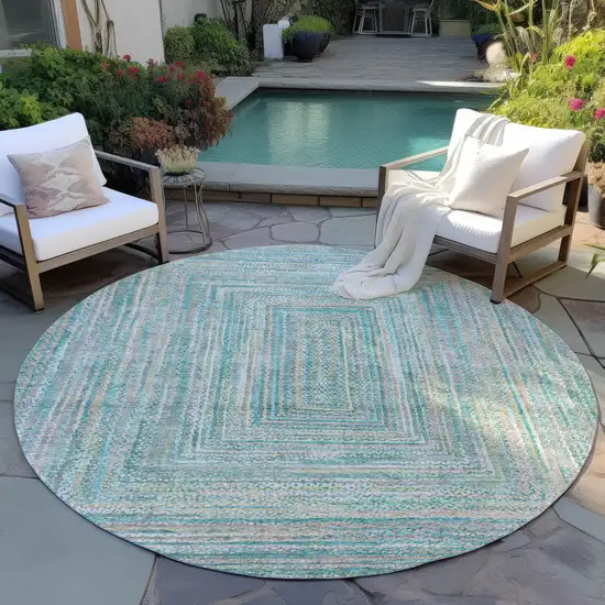 8' Teal Blue Beige And Ivory Round Geometric Washable Indoor Outdoor Area Rug Photo 5
