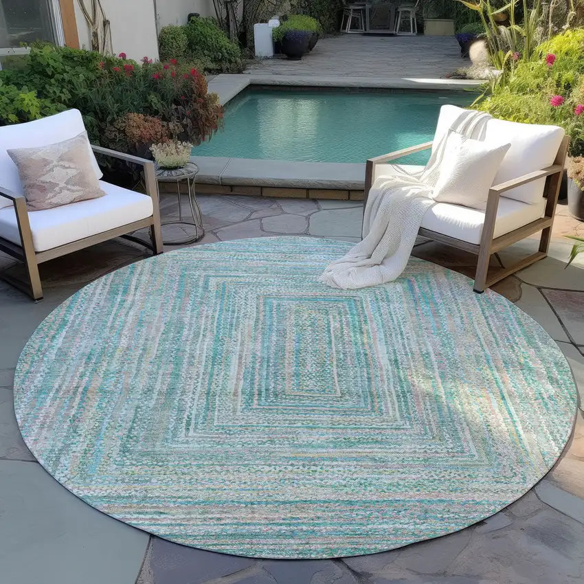 8' Teal Blue Beige And Ivory Round Geometric Washable Indoor Outdoor Area Rug Photo 5