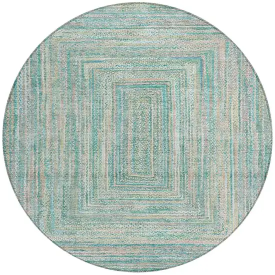 8' Teal Blue Beige And Ivory Round Geometric Washable Indoor Outdoor Area Rug Photo 4