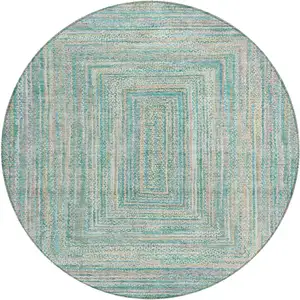 Photo of 8' Teal Blue Beige And Ivory Round Geometric Washable Indoor Outdoor Area Rug