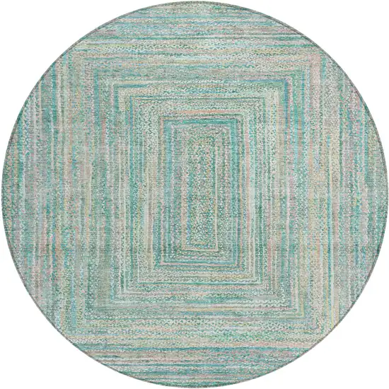 8' Teal Blue Beige And Ivory Round Geometric Washable Indoor Outdoor Area Rug Photo 1