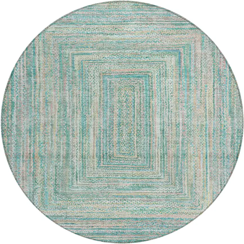 8' Teal Blue Beige And Ivory Round Geometric Washable Indoor Outdoor Area Rug Photo 1