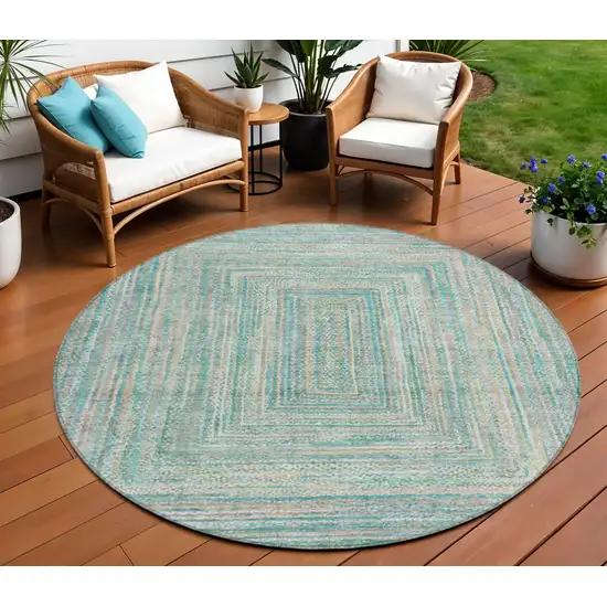 8' Teal Blue Beige And Ivory Round Geometric Washable Indoor Outdoor Area Rug Photo 2