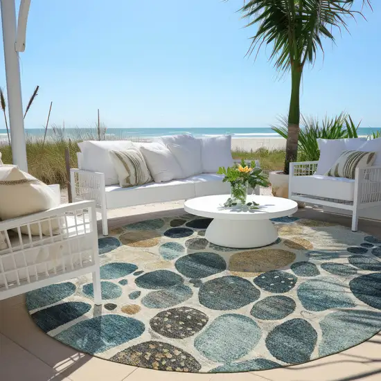 8' Teal Blue Beige And Ivory Round Geometric Washable Indoor Outdoor Area Rug Photo 5