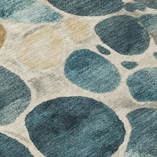 8' Teal Blue Beige And Ivory Round Geometric Washable Indoor Outdoor Area Rug Photo 9