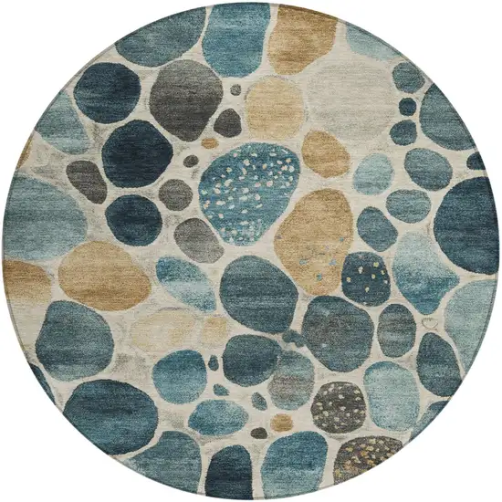 8' Teal Blue Beige And Ivory Round Geometric Washable Indoor Outdoor Area Rug Photo 1