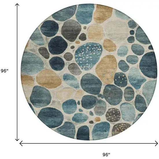 8' Teal Blue Beige And Ivory Round Geometric Washable Indoor Outdoor Area Rug Photo 8