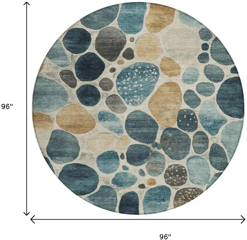 8' Teal Blue Beige And Ivory Round Geometric Washable Indoor Outdoor Area Rug Photo 8