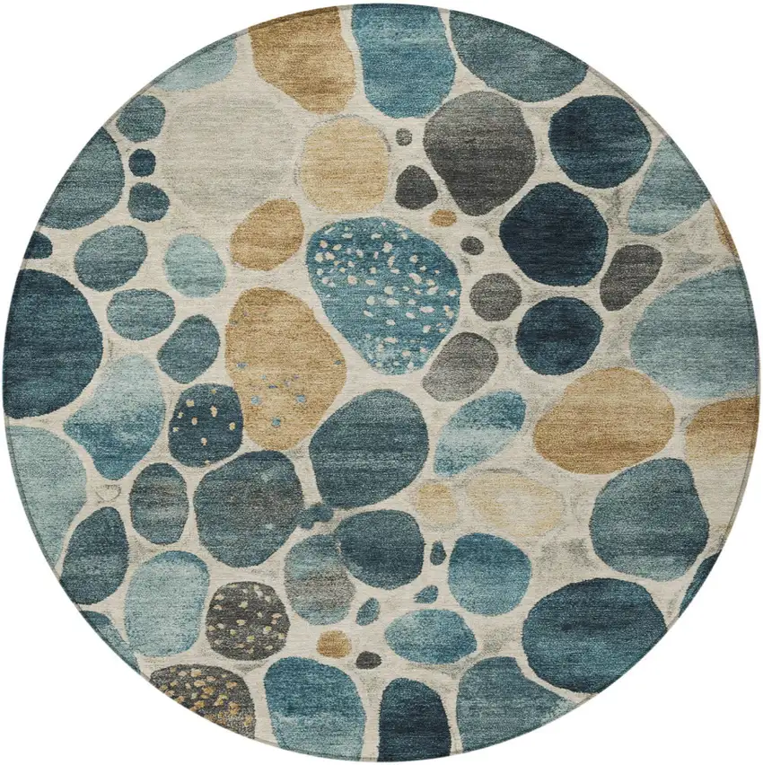 8' Teal Blue Beige And Ivory Round Geometric Washable Indoor Outdoor Area Rug Photo 4