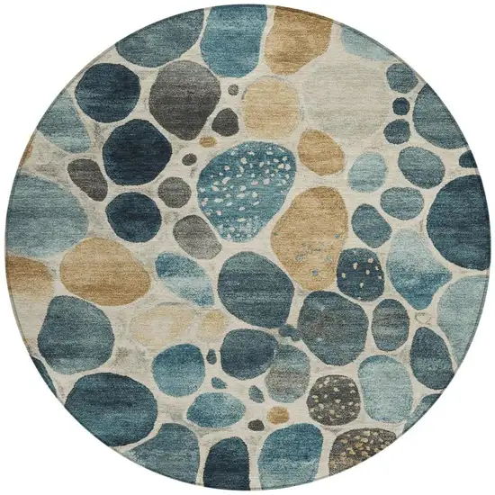 8' Teal Blue Beige And Ivory Round Geometric Washable Indoor Outdoor Area Rug Photo 3