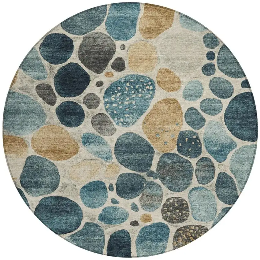8' Teal Blue Beige And Ivory Round Geometric Washable Indoor Outdoor Area Rug Photo 3