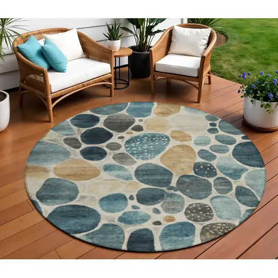 8' Teal Blue Beige And Ivory Round Geometric Washable Indoor Outdoor Area Rug Photo 2