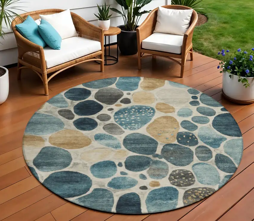 8' Teal Blue Beige And Ivory Round Geometric Washable Indoor Outdoor Area Rug Photo 2