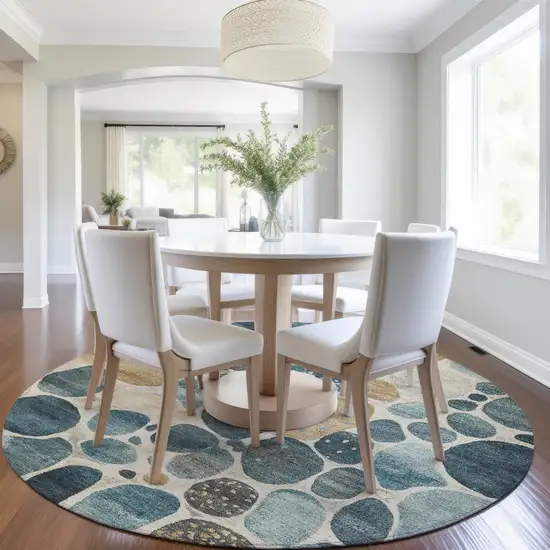 8' Teal Blue Beige And Ivory Round Geometric Washable Indoor Outdoor Area Rug Photo 6