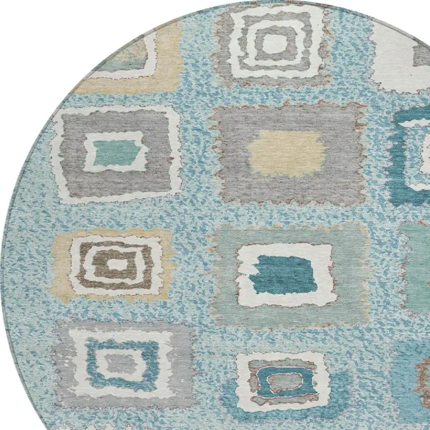 8' Teal Blue Beige And Ivory Round Geometric Washable Indoor Outdoor Area Rug Photo 4