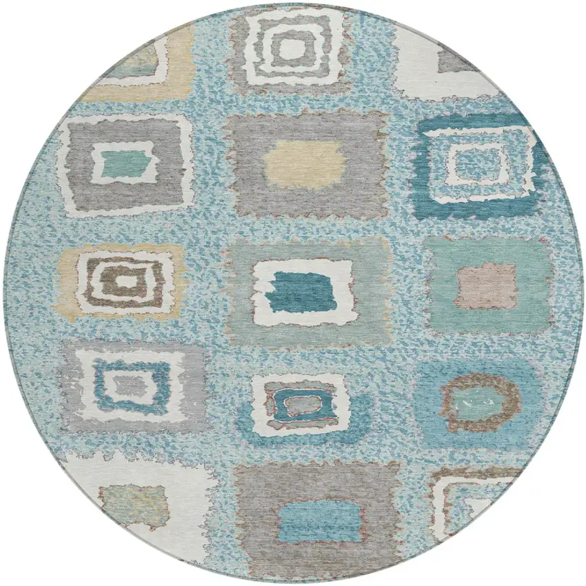 8' Teal Blue Beige And Ivory Round Geometric Washable Indoor Outdoor Area Rug Photo 1