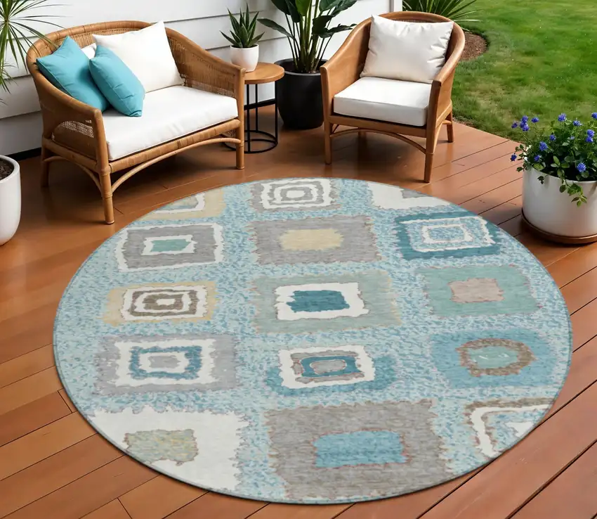 8' Teal Blue Beige And Ivory Round Geometric Washable Indoor Outdoor Area Rug Photo 2