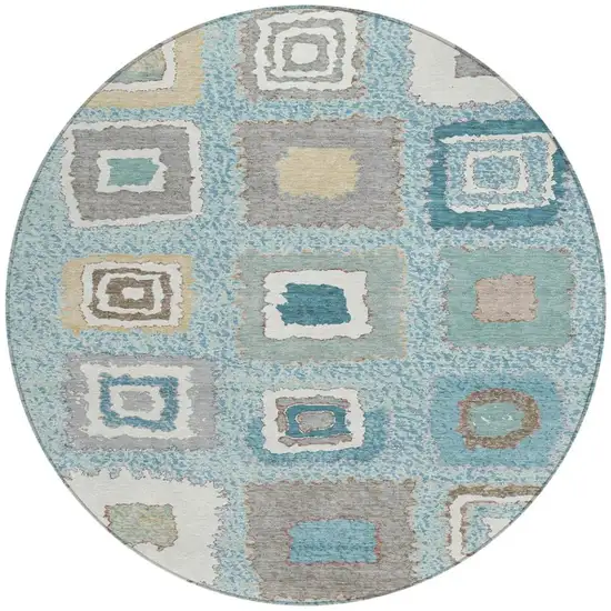 8' Teal Blue Beige And Ivory Round Geometric Washable Indoor Outdoor Area Rug Photo 3