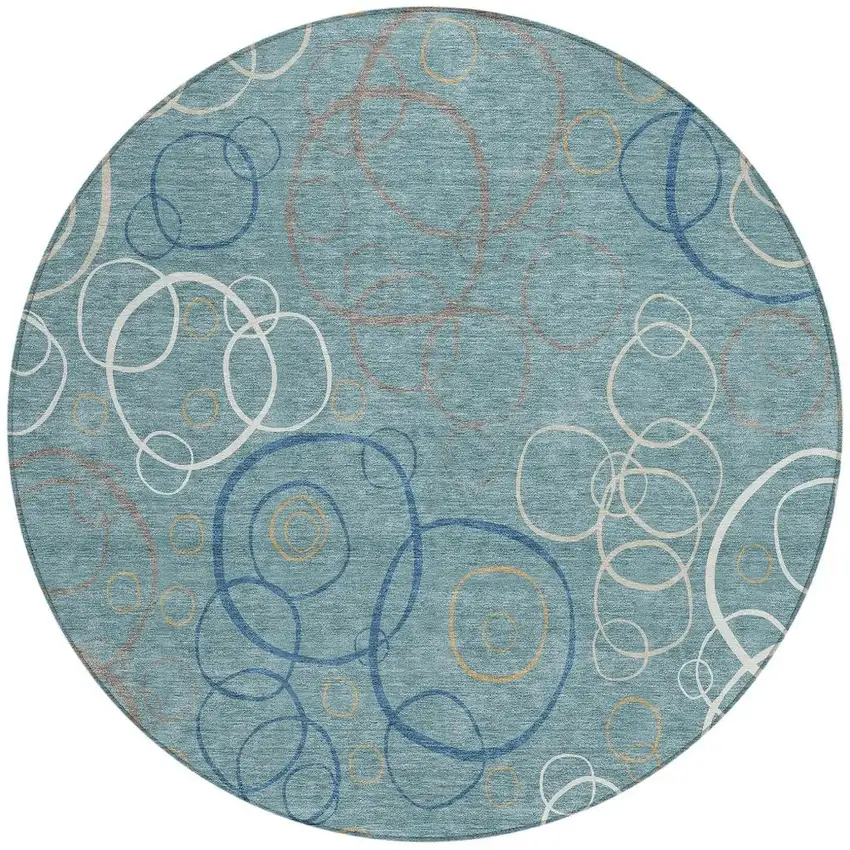 8' Teal Blue Beige And Ivory Round Geometric Washable Indoor Outdoor Area Rug Photo 3