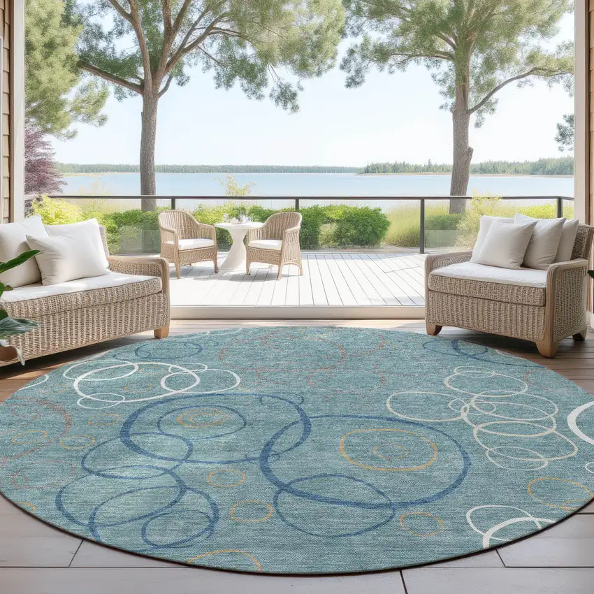 8' Teal Blue Beige And Ivory Round Geometric Washable Indoor Outdoor Area Rug Photo 4