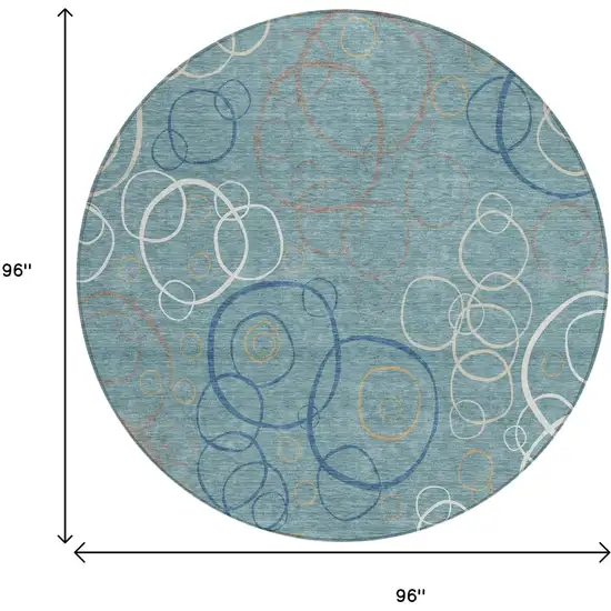 8' Teal Blue Beige And Ivory Round Geometric Washable Indoor Outdoor Area Rug Photo 7