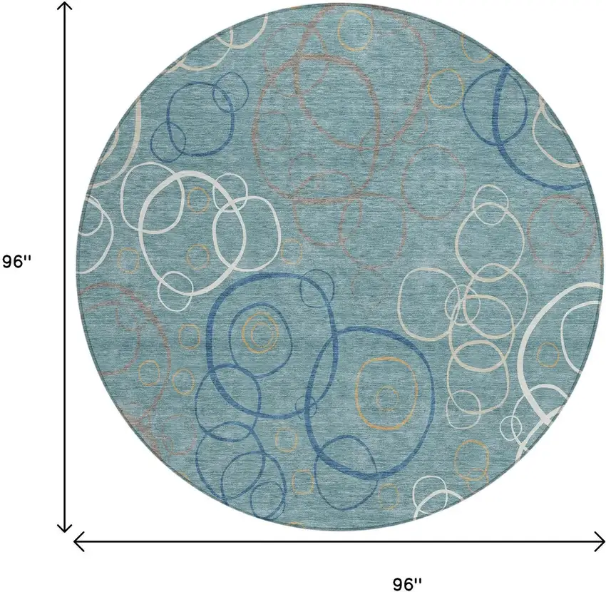 8' Teal Blue Beige And Ivory Round Geometric Washable Indoor Outdoor Area Rug Photo 7