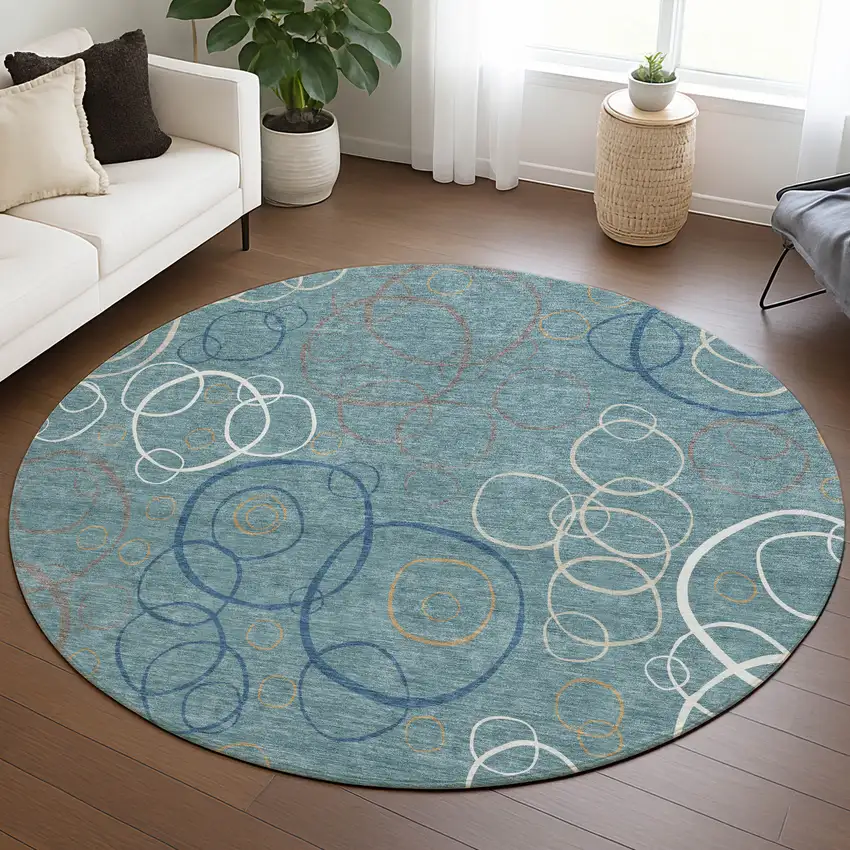 8' Teal Blue Beige And Ivory Round Geometric Washable Indoor Outdoor Area Rug Photo 5