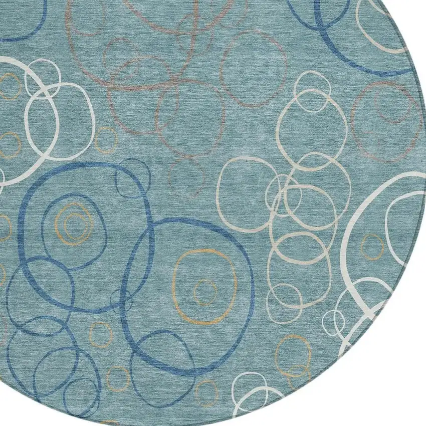 8' Teal Blue Beige And Ivory Round Geometric Washable Indoor Outdoor Area Rug Photo 2