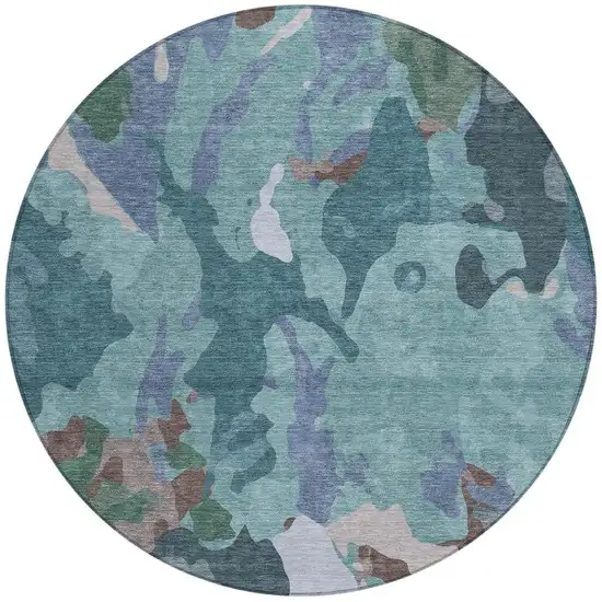 8' Teal Blue Beige And Pale Aqua Round Abstract Washable Indoor Outdoor Area Rug Photo 4