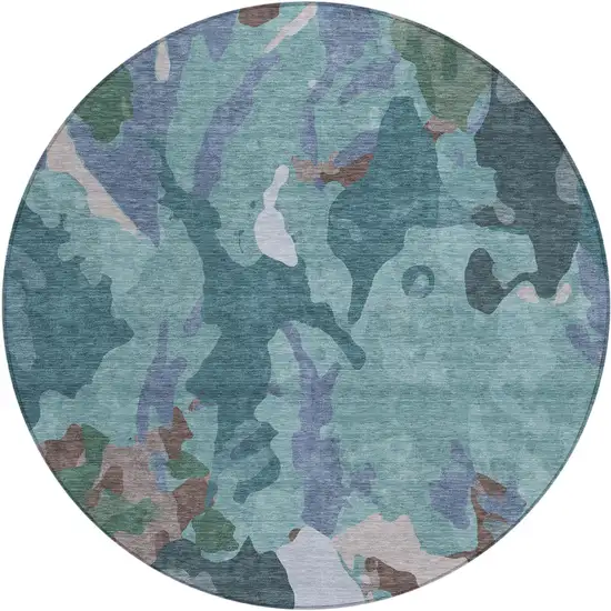 8' Teal Blue Beige And Pale Aqua Round Abstract Washable Indoor Outdoor Area Rug Photo 1