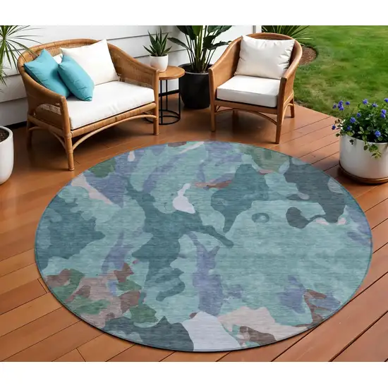 8' Teal Blue Beige And Pale Aqua Round Abstract Washable Indoor Outdoor Area Rug Photo 2