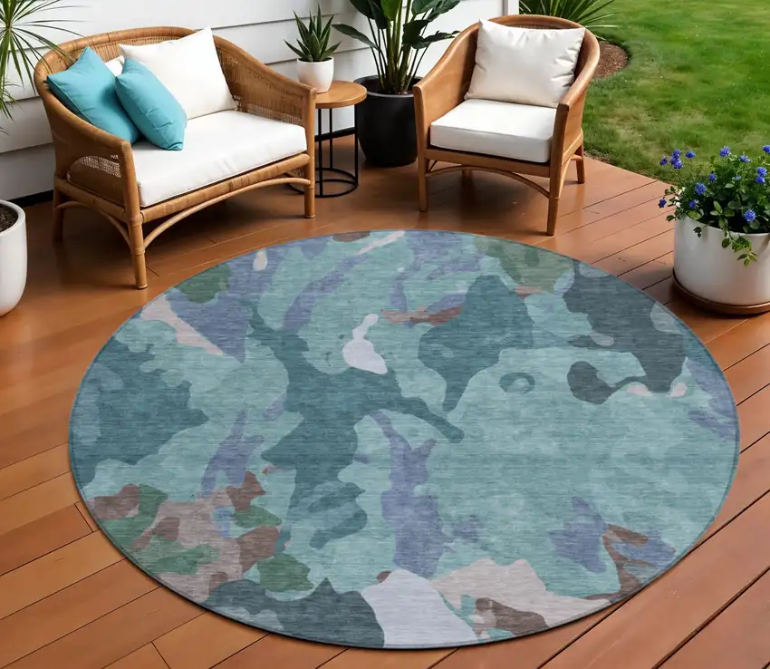 8' Teal Blue Beige And Pale Aqua Round Abstract Washable Indoor Outdoor Area Rug Photo 2