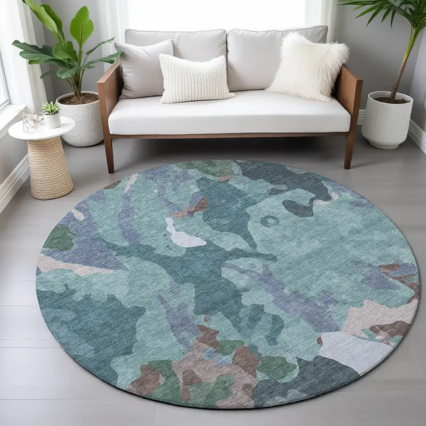 8' Teal Blue Beige And Pale Aqua Round Abstract Washable Indoor Outdoor Area Rug Photo 9