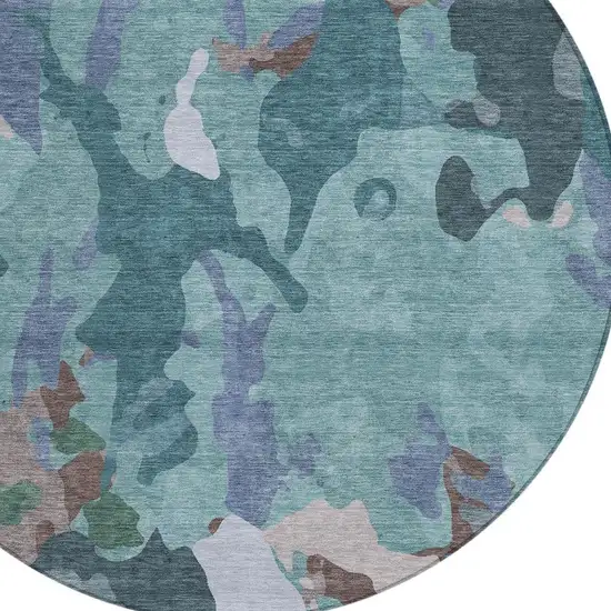 8' Teal Blue Beige And Pale Aqua Round Abstract Washable Indoor Outdoor Area Rug Photo 6