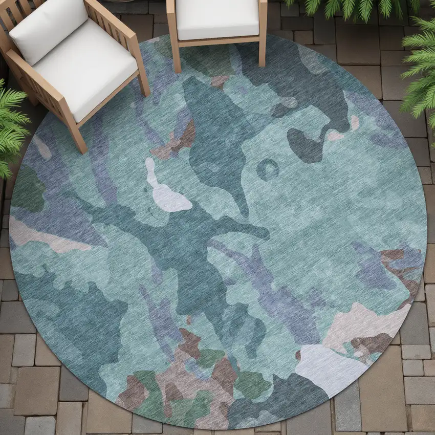 8' Teal Blue Beige And Pale Aqua Round Abstract Washable Indoor Outdoor Area Rug Photo 8