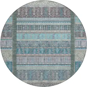 Photo of 8' Teal Blue Beige And Pale Aqua Round Striped Washable Indoor Outdoor Area Rug