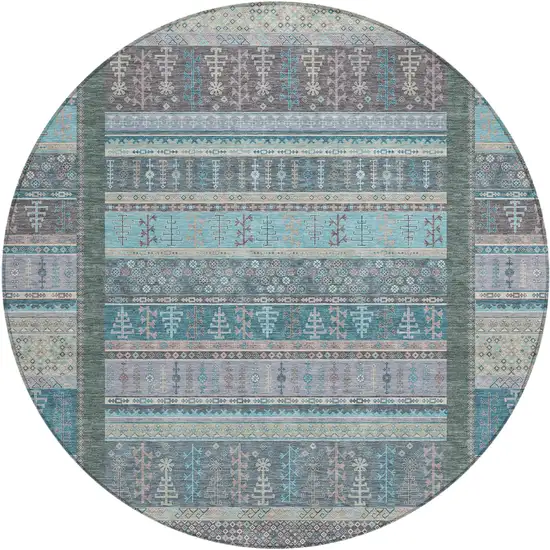 8' Teal Blue Beige And Pale Aqua Round Striped Washable Indoor Outdoor Area Rug Photo 1