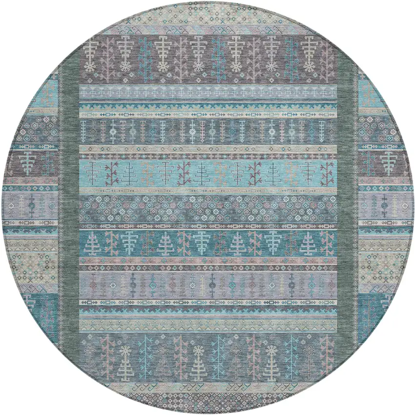 8' Teal Blue Beige And Pale Aqua Round Striped Washable Indoor Outdoor Area Rug Photo 1