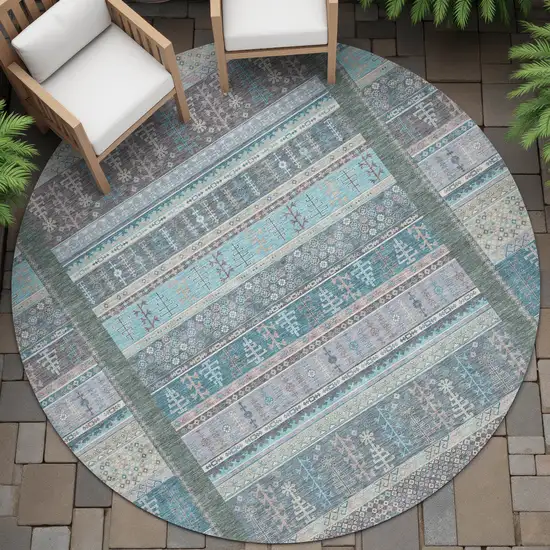 8' Teal Blue Beige And Pale Aqua Round Striped Washable Indoor Outdoor Area Rug Photo 8