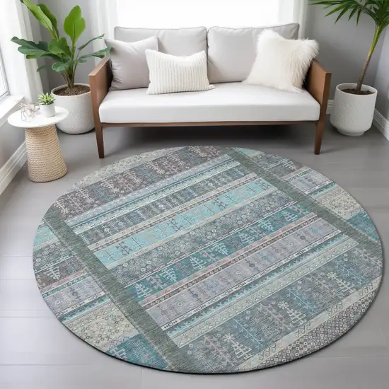8' Teal Blue Beige And Pale Aqua Round Striped Washable Indoor Outdoor Area Rug Photo 9