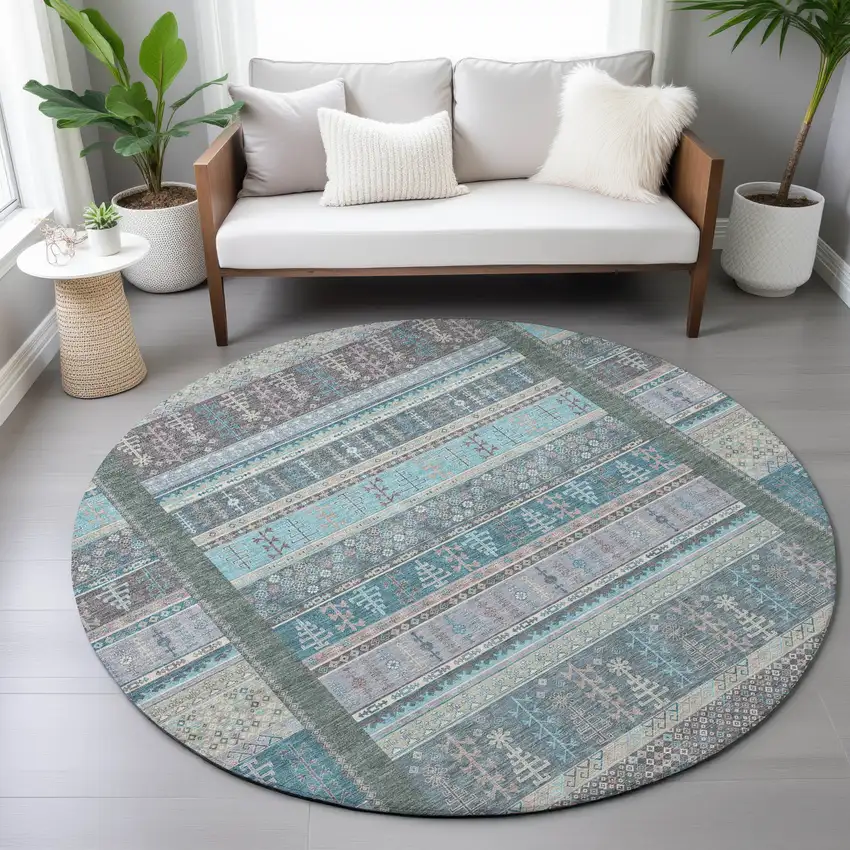8' Teal Blue Beige And Pale Aqua Round Striped Washable Indoor Outdoor Area Rug Photo 9